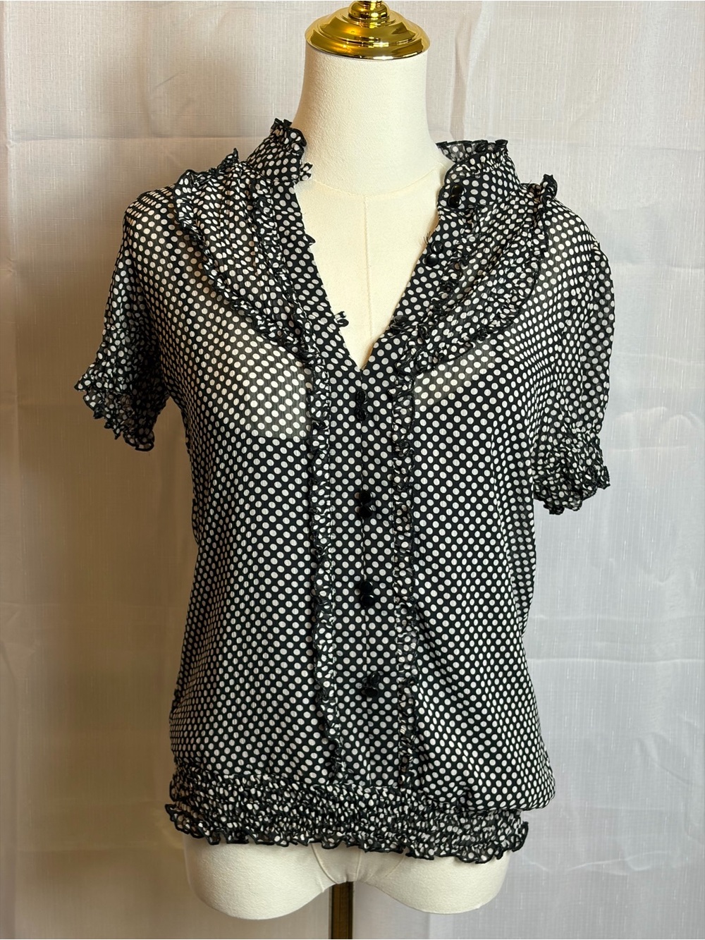 Black and White Polka Dot Ruffle Button-Front Women's Top With Camisole Lining L